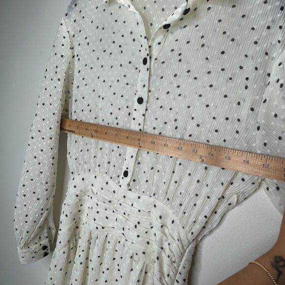 Zara Cream Black Dotted Swiss Long Sleeve 1/2 Button Collared Ruffle Hem Dress - Picture 11 of 14